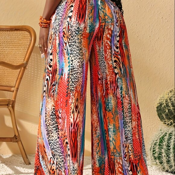 Vibrant Multicolor Wide Leg Palazzo Pants – Boho Festival Style (Size L) - Picture 3 of 6